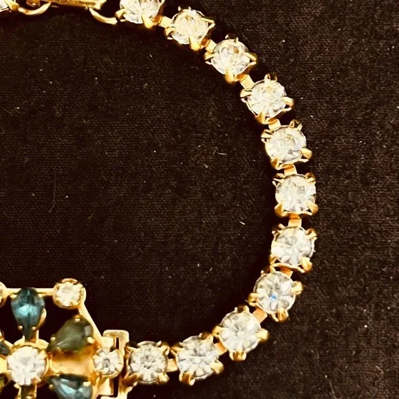 Vintage Gold Tone Blue And Clear Rhinestone Floral Tennis Bracelet (3800) - Picture 5 of 9